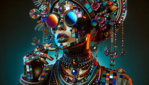 Prompt: Artistic photo render of a woman in colorful costume wearing an array of glasses and jewelry, in the style of cyberpunk futurism, dramatic use of lighting, mosaic-inspired realism, indian pop culture, chromepunk, fashionable opulence, queencore in wide ratio