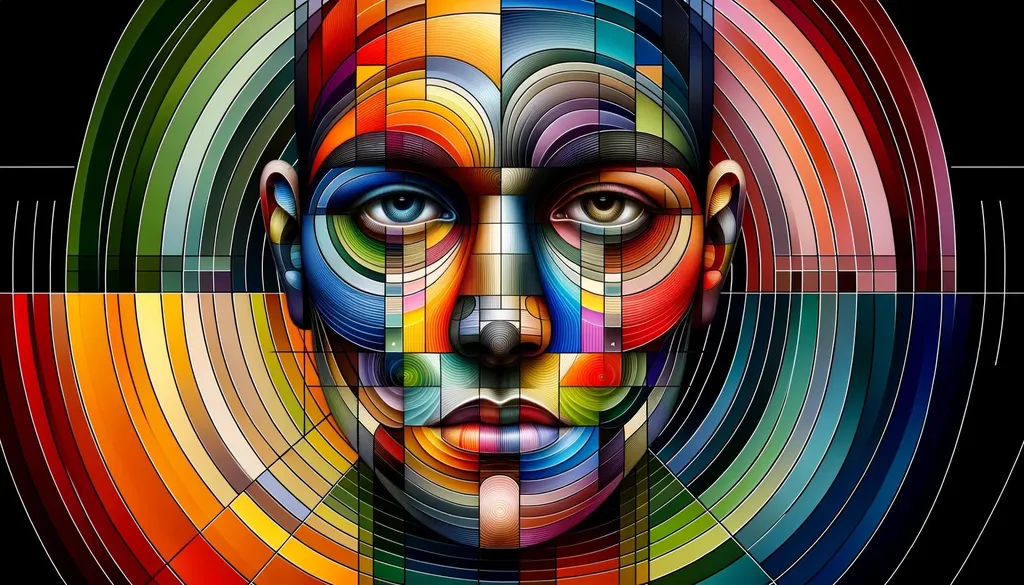 Prompt: Human face in different colors divided into sections in wide ratio