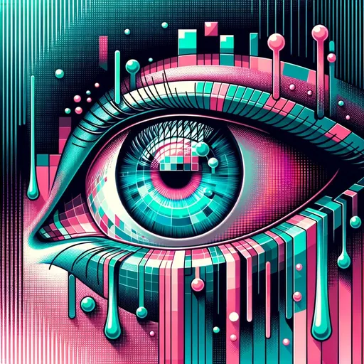 Prompt: Square composition of a stylized eye zoomed in. The iris gleams in vivid turquoise and pink shades, contrasted by a background with pixel motifs. Modern, dripping digital elements flow from the eye, combining tech-inspired visuals with a sense of feeling.
