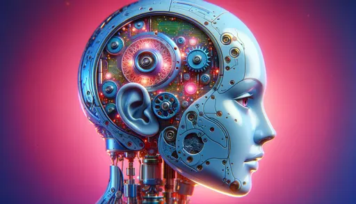 Prompt: In a vivid setting, present an android head in detailed profile. Its smooth, pale blue exterior skin gives way to reveal a mesmerizing array of circuits, gears, and tech components. The internal machinery, complex and fascinating, stands out brilliantly against a luminous pink background.
