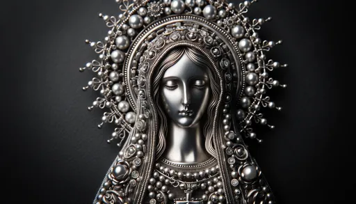 Prompt: virgin mary made of silver beads in wide ratio