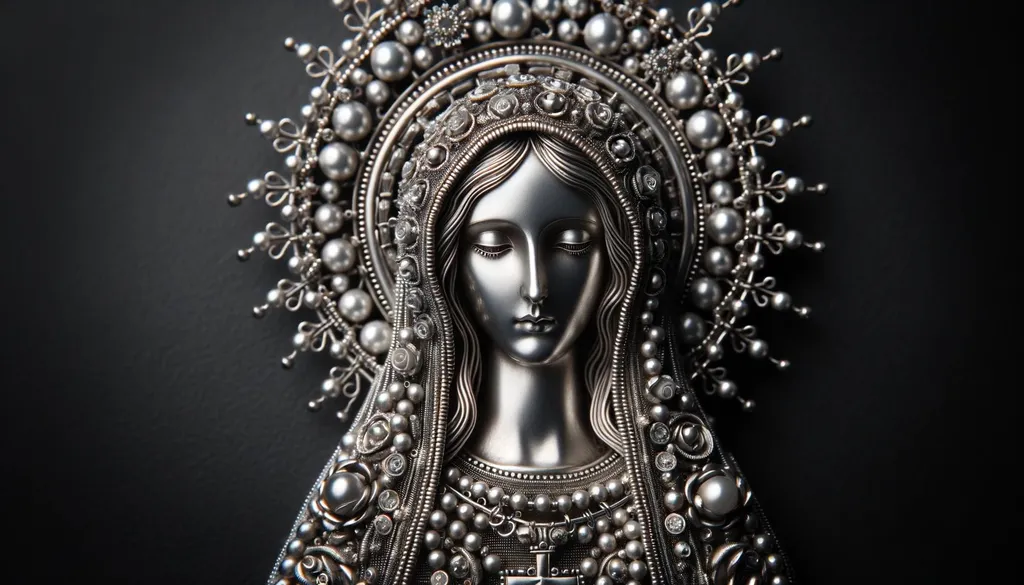 Prompt: virgin mary made of silver beads in wide ratio