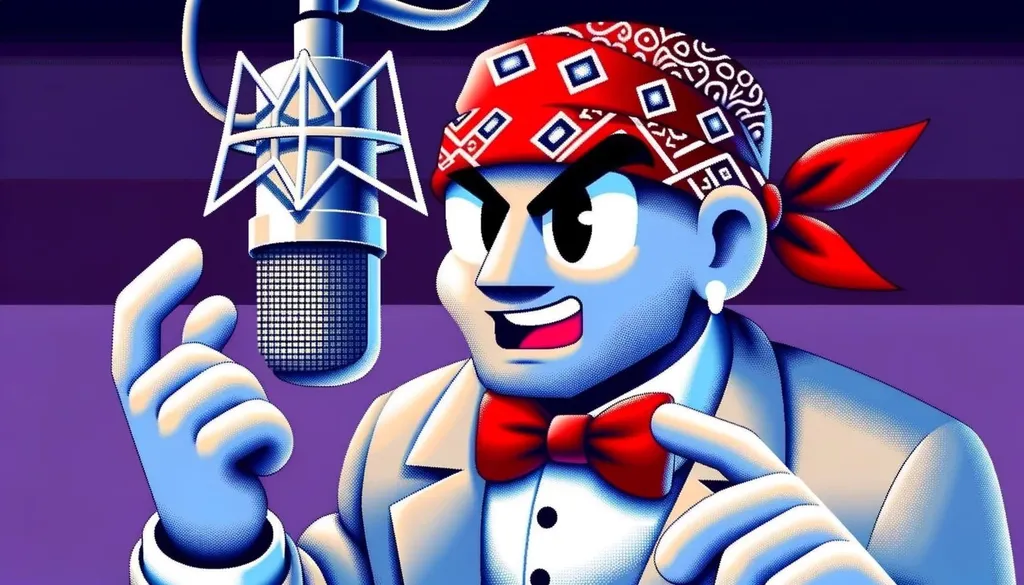 Prompt: Illustration of a cartoon man adorned with a bandana, speaking into a microphone. The scene exudes the vibe of early PS1 game graphics, with a purposely skewed perspective. The design incorporates crystalcore elements and a blurred effect, maintaining congruency throughout.