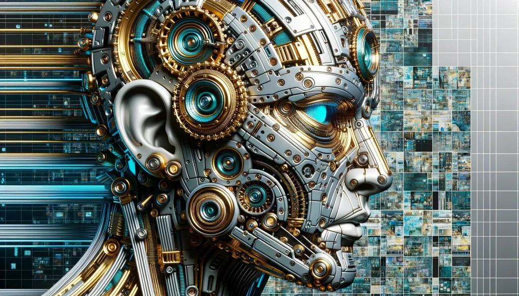 Prompt: 3D render of a cyberpunk-themed face, intricately designed with metallic elements in gold and azure hues. The background showcases fragmented advertising billboards, and the overall image emphasizes mechanized precision in a futuristic setting.