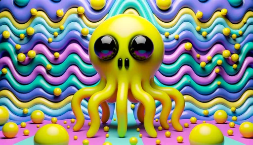 Prompt: 3D render of a neon-yellow, quirky entity with a spherical head, two prominent black eyes, and three tentacle-like limbs stretching out from its form. This being is placed against a trippy backdrop painted in shades of purple, blue, and green, sprinkled with petite yellow orbs and wavy designs, imparting a dreamlike and extraterrestrial atmosphere.