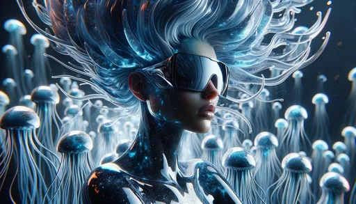 Prompt: Create a wide image that simulates a high-quality macro photograph of a futuristic female figure with an artistic hairstyle that looks like a flowing structure made of blue crystalline material. She should be wearing oversized modern sunglasses that reflect a cosmic scene. Her skin should have the texture and detail expected in a macro shot, with a glossy metallic sheen and a hint of blue tint. The background should be a close-up, realistic view of bioluminescent jellyfish-like creatures, with a focus on the intricate details that would be seen in a macro photography setting. The lighting should be crisp and clear, highlighting the fine details and textures on the subject, with a shallow depth of field to create a strong focus on the figure while the background remains artistically blurred.