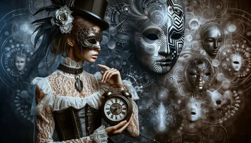 Prompt: an artistic raw photo depicting a woman dressed in steampunk attire, gracefully posing with a vintage clock. The surroundings are filled with dark white and dark blue patterns, inspired by cybernetic surrealism, and mysterious ritualistic masks. The image is rich in blink-and-you-miss-it details, showcasing a blend of timeless artistry and selective focus, all within a wide ratio presentation.