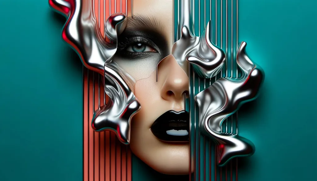 Prompt: A surreal digital art piece depicts a close-up of a woman's face, fragmented and intertwined with fluid metallic silver shapes. Her makeup is dramatic: deep, glossy black lips and intense smokey eyes. The background alternates between striking shades of teal and coral, with slender vertical lines accentuating the division.