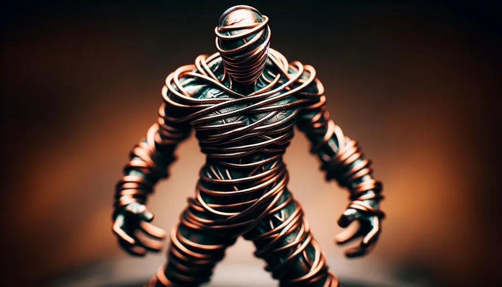 Prompt: macro photography style of a barbwire copper human figurine, with extreme close-up details emphasizing textures, patterns, and the metallic sheen, with a shallow depth of field and a blurred background to focus on the intricacies of the figurine