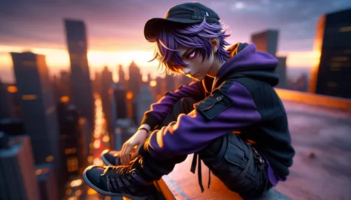 Prompt: Construct an image resembling a macro photograph of an anime-inspired teenage boy on a skyscraper ledge at sunset. He should be captured in extreme close-up, with emphasis on the textures and details of his purple and black hoodie, the fabric of his black cargo pants, and the design of his sneakers. His purple hair should be in sharp focus, with individual strands visible, and his eyes should reflect the intricate dance of light and shadow typical of macro photography. The cap, slightly off-kilter on his head, should have discernible stitching and fabric weave. The background cityscape, while blurred due to the shallow depth of field characteristic of macro photography, should still hint at the warm colors of the sunset. The lighting should be soft, yet detailed, illuminating the boy's features with the golden hues of the fading light. The overall image should convey the intimacy of a macro shot, inviting the viewer to notice the fine details that are often overlooked.