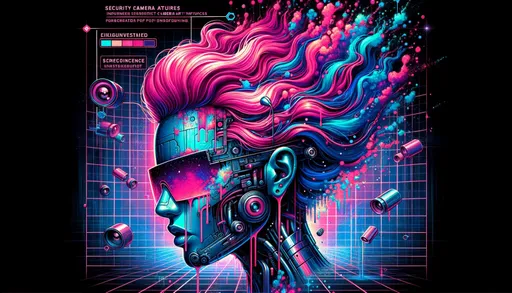 Prompt: In a digital realm, visualize a head sporting a vibrant pink wig with splashes of blue hair. The environment resonates with retrowave aesthetics, enhanced by security camera art influences. The illustration is enriched with hyper-detailed features, infused with chromepunk elements, and celebrates nuances from Indian pop culture.