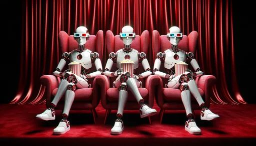 Prompt: Digital art of a sci-fi movie night where three robotic companions, designed in modern red and white patterns, are seated in plush chairs. They're equipped with red 3D eyewear and have popcorn containers in hand, all set against a dramatic red velvet background.