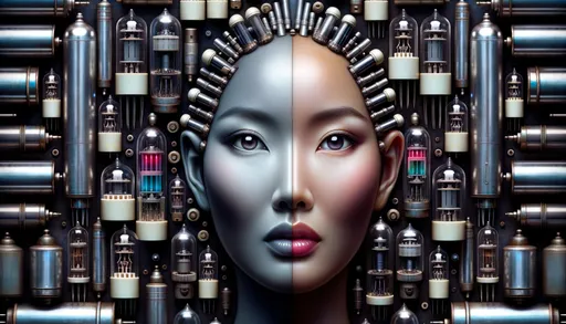 Prompt: In a 1970s-inspired mesmerizing rendition, an Asian woman's visage stands out against a backdrop of vintage vacuum tubes and retro technology. The balance between her organic features and the old-school mechanical elements is artfully maintained, with her cool-toned skin reflecting the duality of her existence in this techno-organic world.