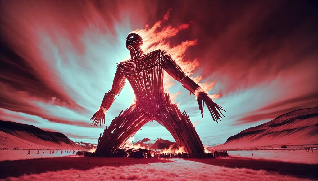 Prompt: infrared photo of a burning man made of wood in wide ratio