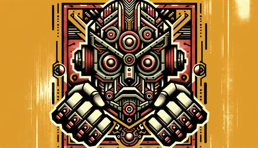 Prompt: The image depicts a stylized robotic figure with an intricate geometric head, vibrant red eyes, and clenched fists, set against a grungy mustard background framed by abstract shapes. The robot's design combines traditional tribal motifs with futuristic elements.