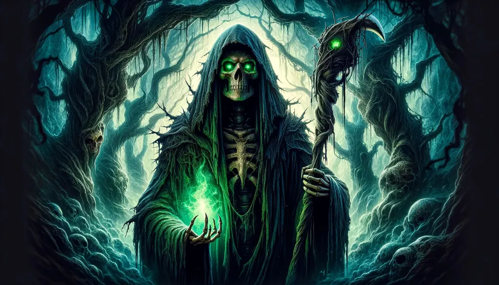 Prompt: The image depicts a sinister figure shrouded in a dark hooded cloak, resembling the Grim Reaper, wielding a staff that emanates a bright, mystical green energy. The background is a haunting forest with gnarled, twisted trees and a dense fog that obscures the depths of the woods, enhancing the eerie atmosphere. in wide ratio