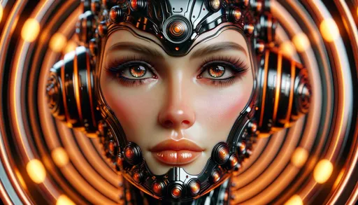 Prompt: Craft a hyper-realistic image resembling a raw photograph of a futuristic android. The android should have a humanoid face with refined features, and a sleek, segmented helmet in bright orange with black detailing, featuring circular motifs and protruding orbs. It should have sharp, dramatic eyes with heavy makeup and lips with a metallic orange sheen. The android's neck and upper torso should be designed with a flexible, mesh-like material with hexagon-shaped openings, subtly revealing the complex machinery within. The background should be a hypnotic array of concentric, curving stripes in alternating dark and light orange shades, giving a sense of depth and fluidity, all captured as though through the lens of a high-resolution, professional camera, complete with a shallow depth of field and a realistic texture that mimics a raw unedited photo.