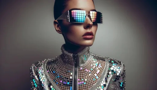 Prompt: Wide ratio image of a woman from the future, her mirrored sunglasses capturing a mesmerizing geometric pattern. She wears a bodysuit that sparkles like a mosaic, each tile gleaming with iridescent hues. The background remains subdued, accentuating her luminous and metallic aura.