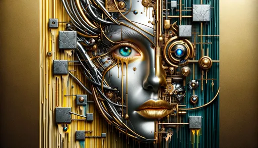 Prompt: Photo manipulation transforming a woman's face into a gilded visage intertwined with wires. A single eye stands out with its photorealistic detail. Surrounding her are metallic rectangles and robotic motifs, set against a backdrop that blends dark cyan, yellow, and the dripping paint technique.