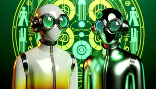 Prompt: The image showcases two stylized humanoid figures with oversized round helmets that have large green-tinted goggle-like eyes. The figure on the left is predominantly white with a gradient yellow midsection, while the one on the right sports a shiny metallic green bodysuit. They stand in front of a vibrant green backdrop adorned with indistinct symbols. Their appearance suggests a futuristic or alien context.