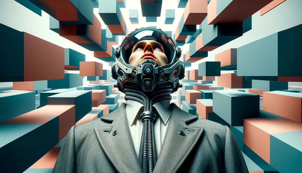 Prompt: a man in a futuristic helmet stands above his head, in the style of cubo-futurism, social media portraiture, 8k, b-movie aesthetics, expressive characters in wide ratio