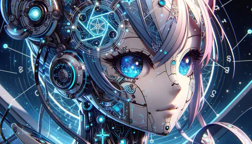 Prompt: Macro photo showcasing a close-up view of an anime-inspired android robot girl's facial features, her mechanical skin reflecting the vastness of space, with a constellation resembling blue eyes shimmering in the background, complemented by neon art nouveau designs and algorithmic details in hues of light blue and silver in wide ratio