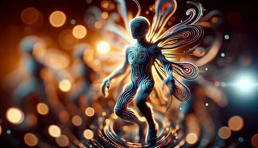 Prompt: An artistic macro photo that captures the essence of 3D pattern entities in motion in a fantasy disco environment. The focus is on the artistic interpretation of the scene, with a bokeh effect created by the disco lights, and a selective focus that blurs out the surroundings, directing all attention to the beautifully lit and textured surfaces of the dancing entities.