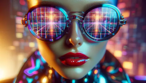 Prompt: Macro photo of a futuristic woman's face, focusing on her expansive sunglasses that mirror a grid pattern. The reflection in the glasses reveals glistening, iridescent details. Her vivid red lips stand out as a stark contrast amidst the spectrum of colors, and hints of her radiant digital attire can be seen in the periphery.