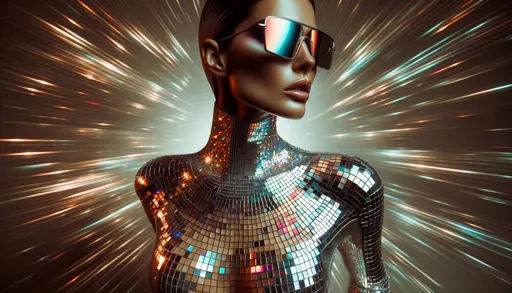 Prompt: The image portrays a futuristic woman donning mirrored sunglasses, reflecting an abstract pattern. Her attire is a shimmering mosaic bodysuit with an iridescent glow, radiating colors across its tiles. The backdrop is muted, emphasizing her metallic and radiant essence. in wide ratio