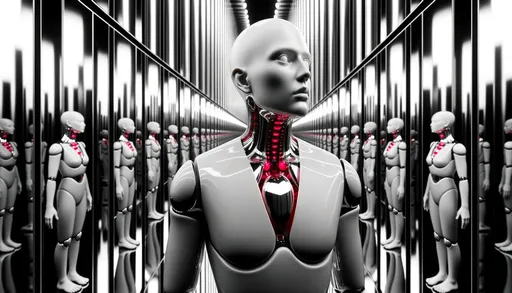 Prompt: lvt of a humanoid standing in a row of mirrors, in the style of futuristic glamour, rendered in cinema4d, bold, black lines, captivating, emotional imagery, porcelain, silver and red in wide ratio