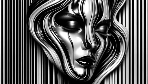 Prompt: Digital art of a face painted in black and white hues, seamlessly blending with a striped backdrop, encapsulating a fluid, futuristic glam with pronounced shadows and layers.