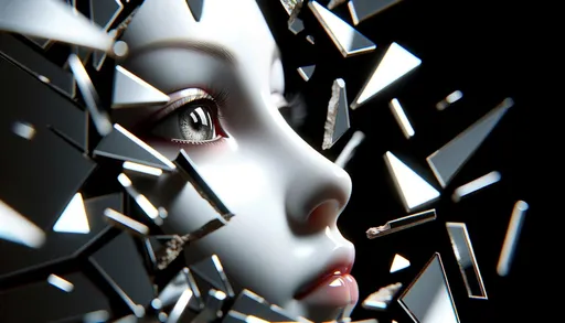 Prompt: Macro photo style image of the reflection of a white android girl's face in broken black mirror pieces. The image should emphasize the close-up details, showcasing the fine textures and intricate reflections. The focus is on a specific part of the scene, like a fragment of the mirror with a clear reflection of the android's eye or mouth, capturing the minute details with sharp clarity and depth of field typical of macro photography.