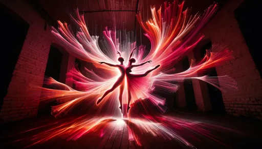 Prompt: Photo of a dimly lit room where two abstract dancers, made of light, move gracefully amidst a burst of radiant red, pink, and orange energy.