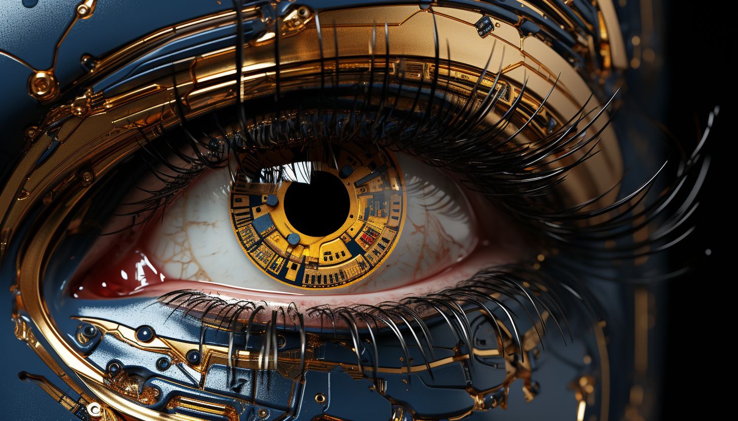 Prompt: a robot face with blue eyes, in the style of realistic hyper-detailed rendering, dark gold and red, 32k uhd, oil portraitures, chrome-plated, electric optical illusions, full body