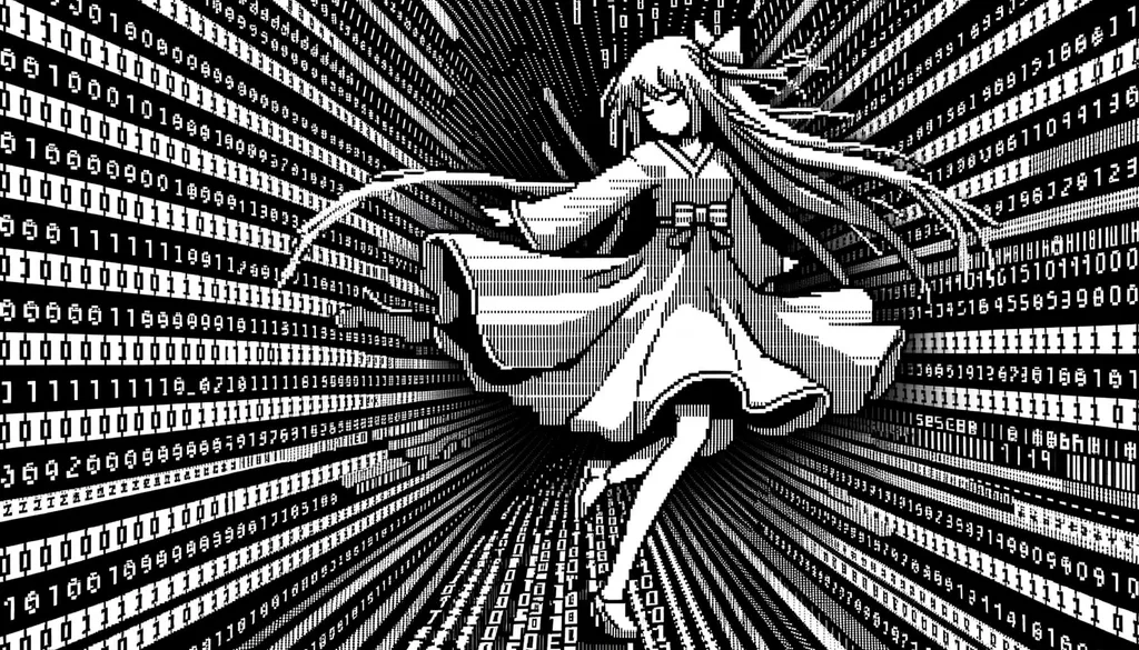 Prompt: Wide image showcasing a vector representation of an ASCII girl dancing. The background features scrolling ASCII art, creating a dynamic and digital ambiance.