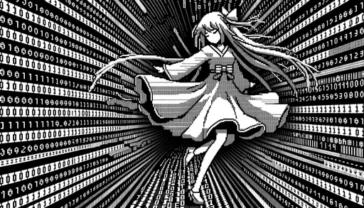 Prompt: Wide image showcasing a vector representation of an ASCII girl dancing. The background features scrolling ASCII art, creating a dynamic and digital ambiance.