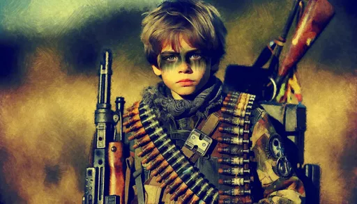 Prompt: An artistic raw photo that presents a young warrior in a post-apocalyptic scene. The photo has a creative, impressionistic style, with a juxtaposition of innocence and determination on the character's face. A strong, emotive color palette is evident, and the warrior is equipped with gear or weapons from different historical periods, in a wide ratio.