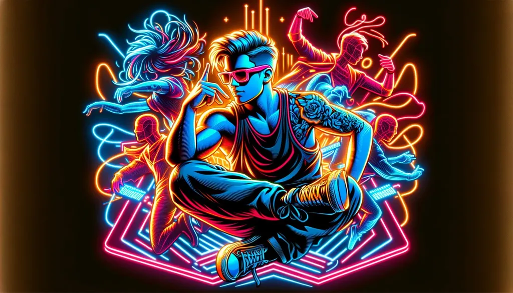 Prompt: neon dancer pranks, dancers, and a beautiful new digital painting, in the style of 3D render, with elements of stylized portraiture, superheroes, realistic hyper-detailed portraits, neo-pop iconography, outrun, realistic hyper-detail, close up in wide ratio