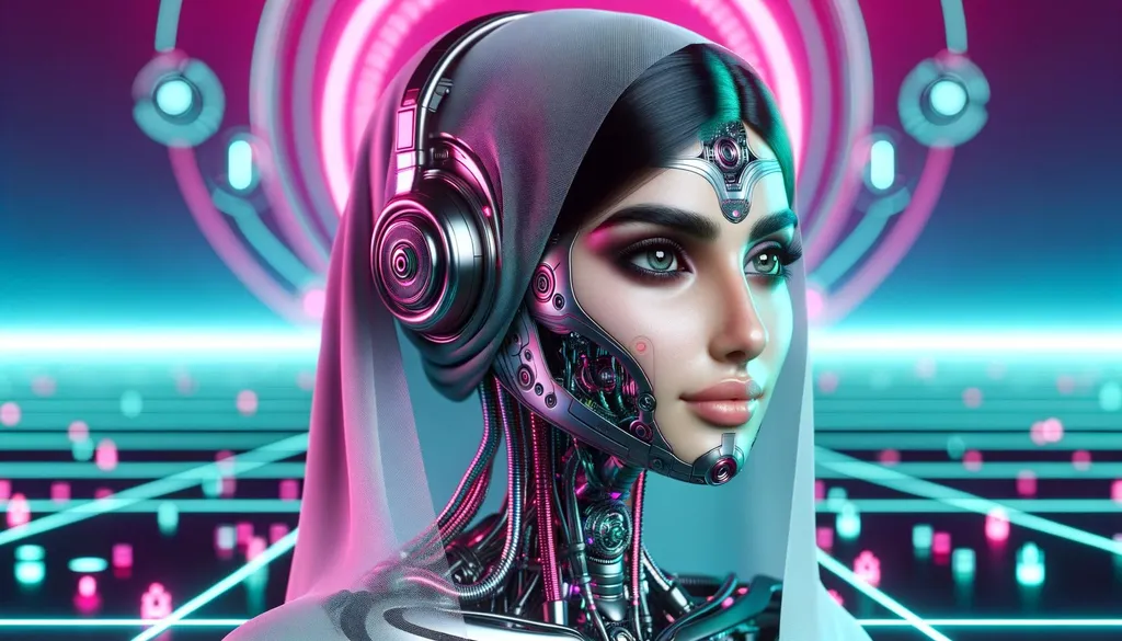 Prompt: 3D render of a female cyborg of Middle Eastern descent. Her face and neck merge with intricate tech machinery. She wears a sophisticated headset with various features. The backdrop is a neon pink and teal vista with floating robotic elements.