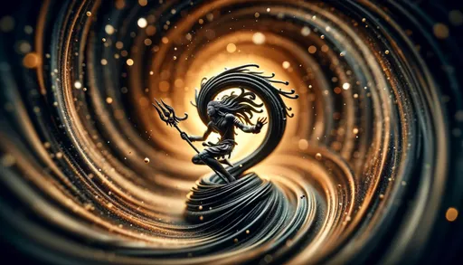Prompt: vanta black figurine swirling into existence, captured in a macro photography style with extreme close-up detail and sharp focus on the figurine, set against a surreal background that seems to swirl around the figurine, in wide ratio