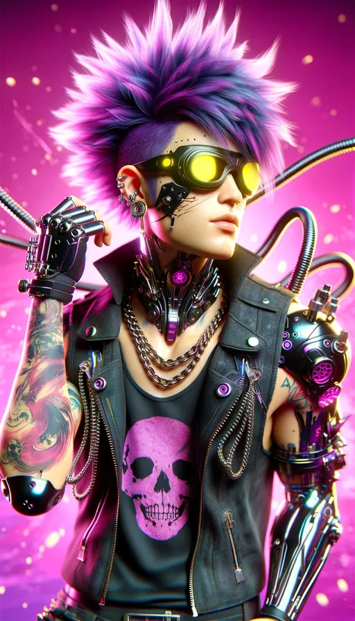 Prompt: Create a 3D rendered image of a cyberpunk character in a dynamic pose. The character should exhibit bright purple spiky hair, glowing yellow eyes, and wear reflective goggles atop their head. They should be clad in a black sleeveless top adorned with a skull motif, draped with chunky metal chains. Cybernetic enhancements, like shiny metallic arm guards and ear piercings, should be visible. The character’s arms should display tattoos with advanced and intricate designs. Aim for a confident and slightly roguish expression, complete with a small lightning bolt scar on the cheek. The background should be a lively pink with energetic splashes of black, resonating with a youthful, rebellious atmosphere.