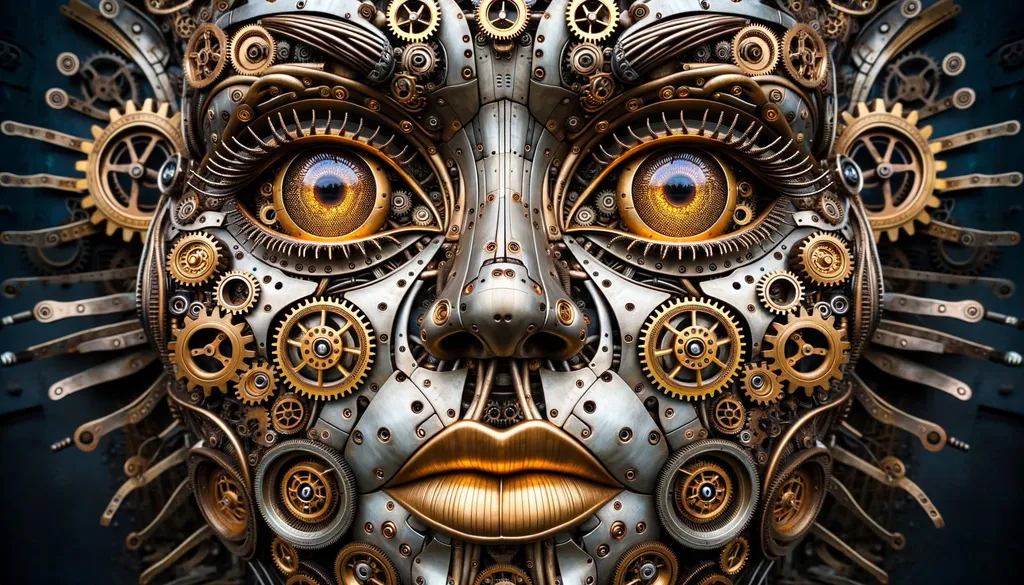 Prompt: Wide photo of a steampunk-inspired mechanical face with radiant golden gears embedded within its structure. The eyes, captivating and large, are surrounded by ornate metal designs that evoke a sense of antiquity. The lips, reflecting light, stand out amidst a plethora of detailed mechanical parts.
