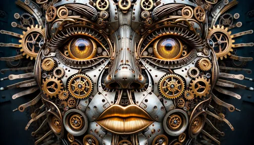 Prompt: Wide photo of a steampunk-inspired mechanical face with radiant golden gears embedded within its structure. The eyes, captivating and large, are surrounded by ornate metal designs that evoke a sense of antiquity. The lips, reflecting light, stand out amidst a plethora of detailed mechanical parts.