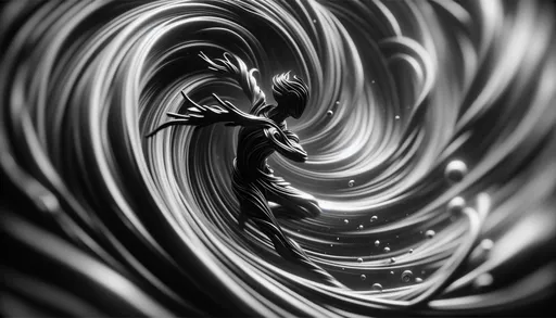 Prompt: vanta black figurine swirling into existence, captured in a macro photography style with extreme close-up detail and sharp focus on the figurine, set against a surreal background that seems to swirl around the figurine, in wide ratio