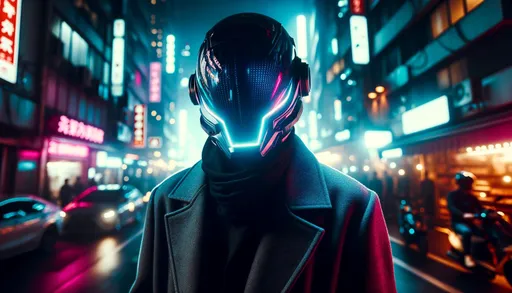 Prompt: Photo of a man in a futuristic helmet, illuminated by neon lights, standing in a dimly lit urban environment.
