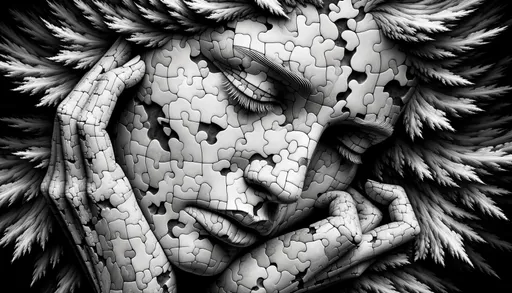 Prompt: Vivid wide representation of a woman's face, reconstructed in 3D leveraging fractal artistry. The scene resonates with the themes of melancholic symbolism, with the visage akin to fractured stone sculptures. It's pieced together in a puzzle-inspired manner, exuding humanistic empathy, all set against a black and white backdrop, with certain elements appearing draped or in a slumped posture.