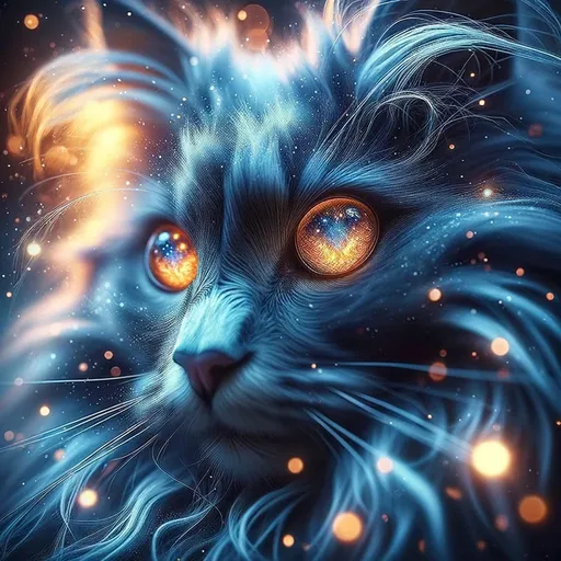 Prompt: The image is an artistic macro photo, showcasing the mystical blue-furred feline in a unique and creative way. The focus is on the feline’s luminous amber eyes, with the fur around the eyes appearing almost like a mystical landscape. The colors are enhanced and there are artistic effects applied to give the image a dreamy, enchanted feel. The background includes soft bokeh lights, creating a sense of depth and adding to the magical atmosphere.