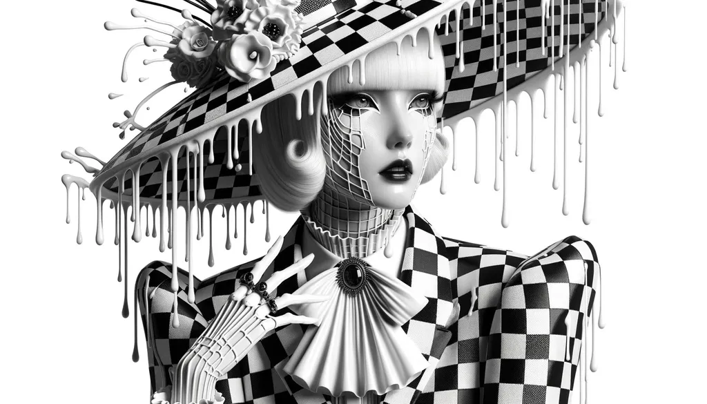 Prompt: a woman with a checkered costume wearing a checkered shirt, in the style of paint dripping technique, 8k 3d, whimsical cyborgs, black and white realism, eye-catching detail, gothic futurism, porcelain
