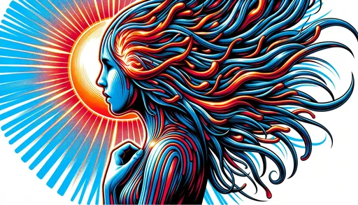 Prompt: Illustration showcasing a girl whose hair flows like molten metal, reflecting the sun's bright rays. The style is intensely realistic with sharp, bold lines. Bright colors, primarily sky-blue and red, dominate the scene. Every detail is meticulously crafted, exuding a groovy and hyper-realistic vibe.