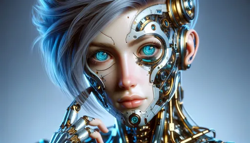 Prompt: futuristic robot girl with blue eyes, in the style of hyper-realistic portraiture, light gold and dark cyan, dark blue and silver, layered lines, 32k uhd, feminine beauty, urban decay in wide ratio
